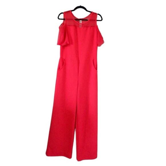Red cold shoulder jumpsuit with front pockets - Picture 1 of 8